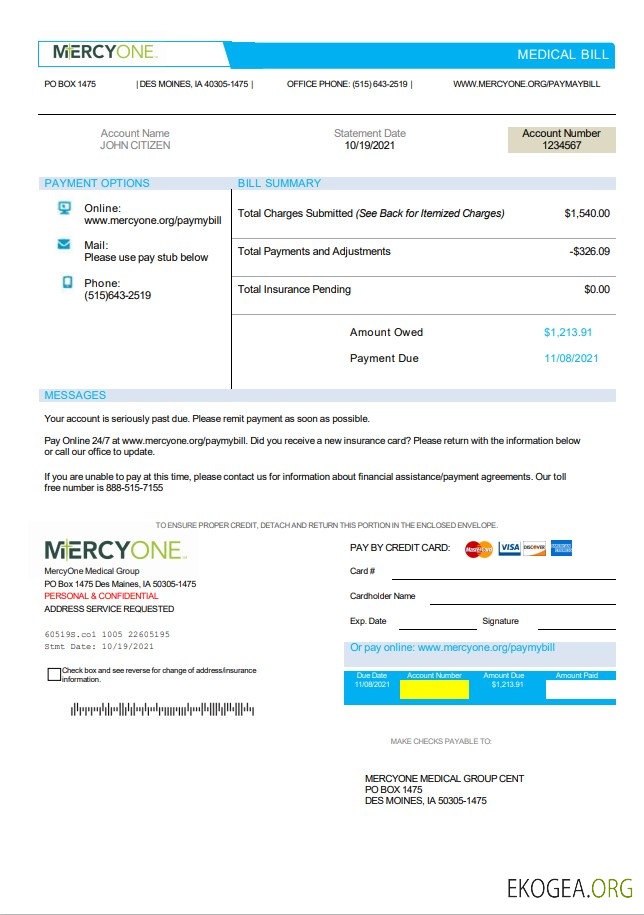 USA Iowa MercyOne medical bill template in Word and PDF format